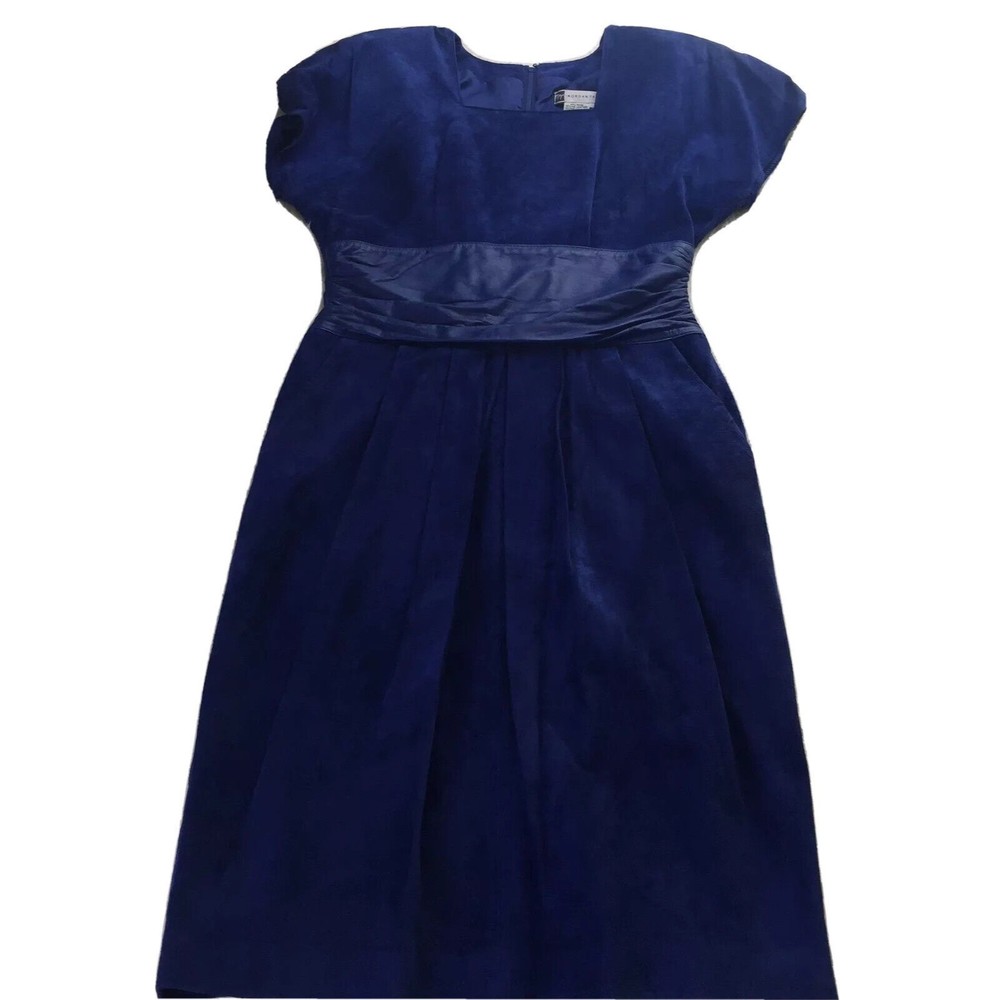 Morgan Taylor Royal Blue Suede Leather Midi Dress Square Neck Pockets Size 8